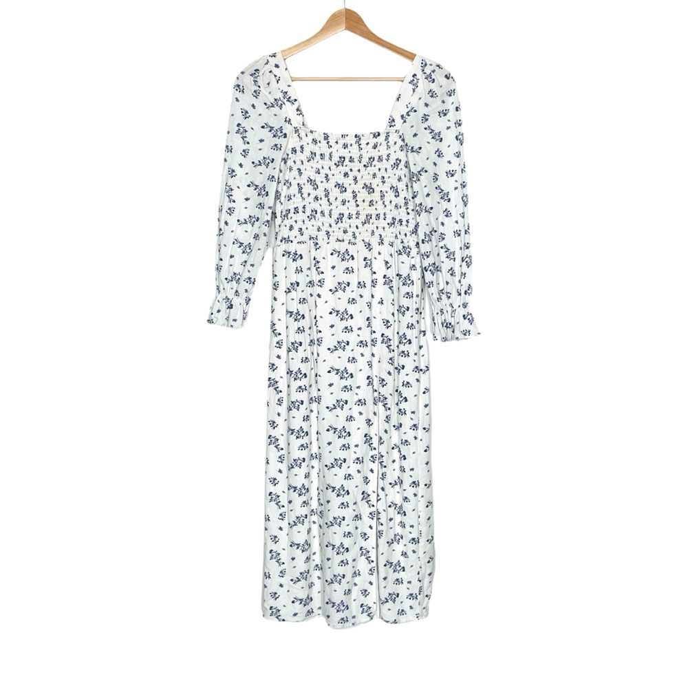 House of Harlow Dress Smocked White Floral Linen Midi Cottagecore Size XS - Picture 2 of 11